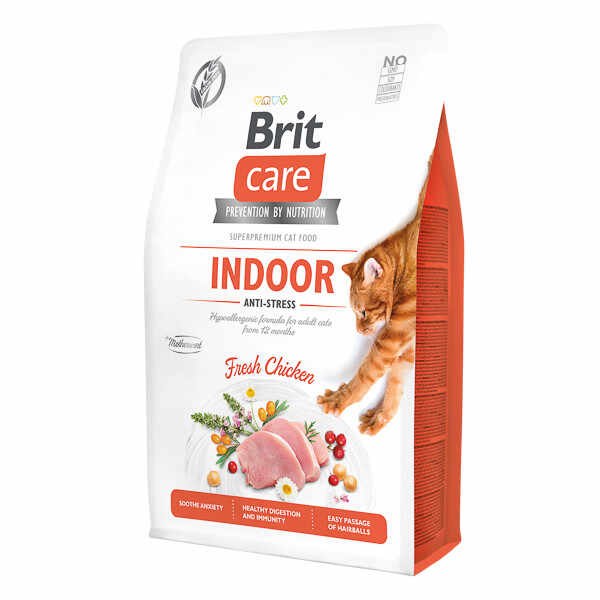 Brit Care Indoor Anti-Stress, Pui, hrană uscată fară cereale pisici, antistres, 2kg
