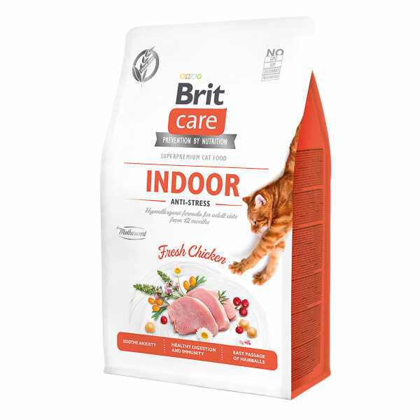 Brit Care Indoor Anti-Stress, Pui, hrană uscată fără cereale pisici, antistres, 400g
