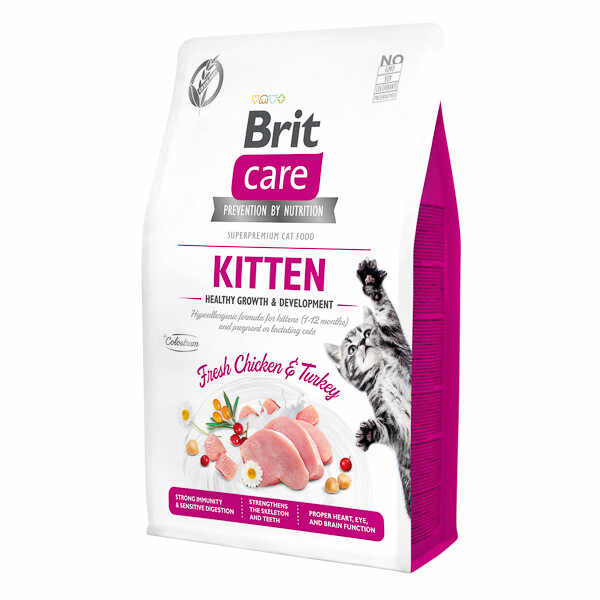 Brit Care Kitten Healthy Growth & Development, Pui și Curcan, hrană uscată fară cereale pisici junior, 2kg
