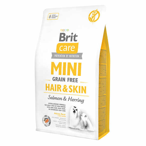 Brit Care Mini Hair & Skin Adult, XS-S, Somon, hrană uscată fară cereale câini, piele și blană, 2kg