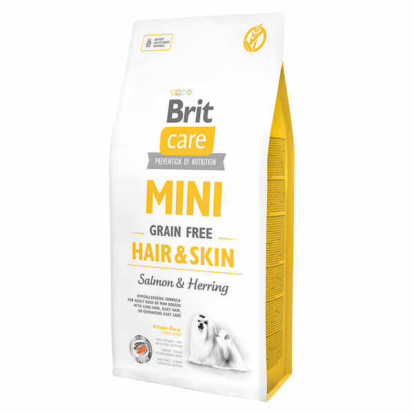 Brit Care Mini Hair & Skin Adult, XS-S, Somon, hrană uscată fără cereale câini, piele și blană, 7kg