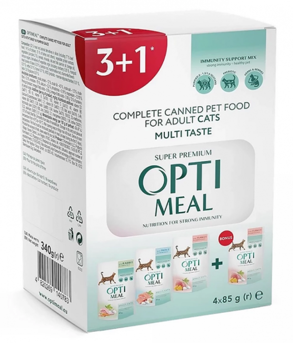 Optimeal, Hrana umeda pisici, diferite arome, set Nr. 4, (3+1), 0.34kg