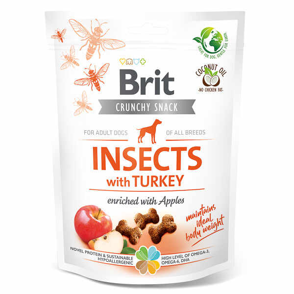 Brit Care Crunchy Cracker, Insecte și Curcan cu Mere, recompense fară cereale câini, 200g