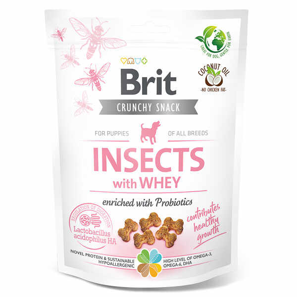 Brit Care Crunchy Cracker, Insecte și Zer cu Probiotice, recompense fară cereale câini junior, 200g