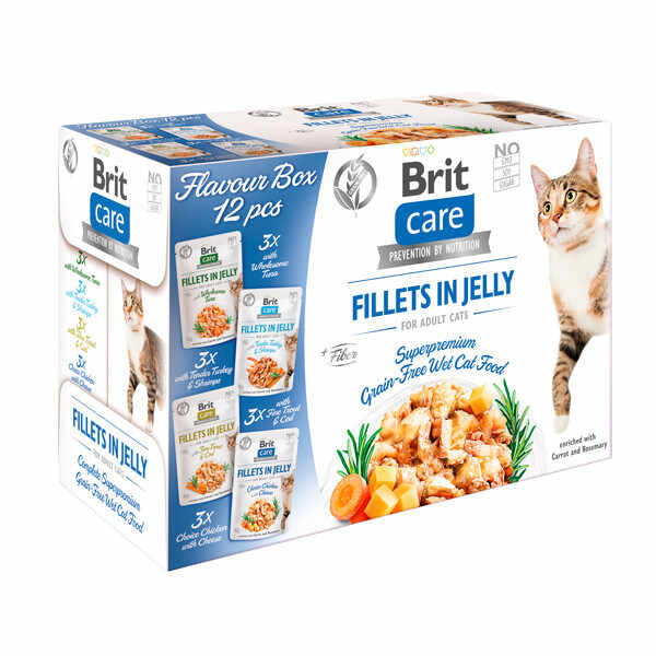 Brit Care Flavour Box Fillet in Jelly, 4 arome, plic hrană umedă fară cereale pisici, (in sos), 12 x 85g