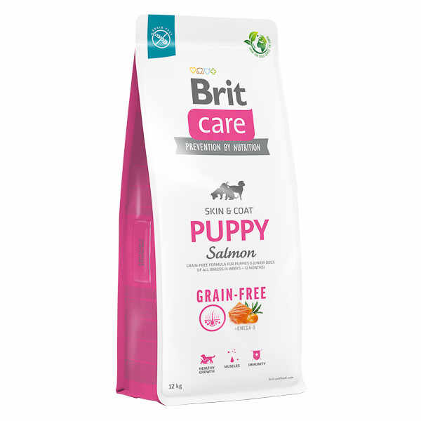 Brit Care Grain-Free Puppy, XS-XL, Somon, hrană uscată fără cereale câini junior, piele & blană, 12kg