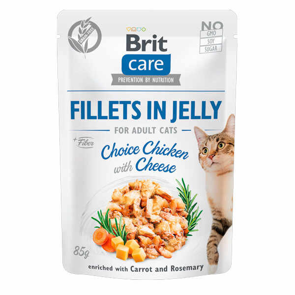 Brit Care pisică Fillets in Jelly, Pui cu Branza, plic hrană umedă fără cereale pisici junior, (în sos), 85g