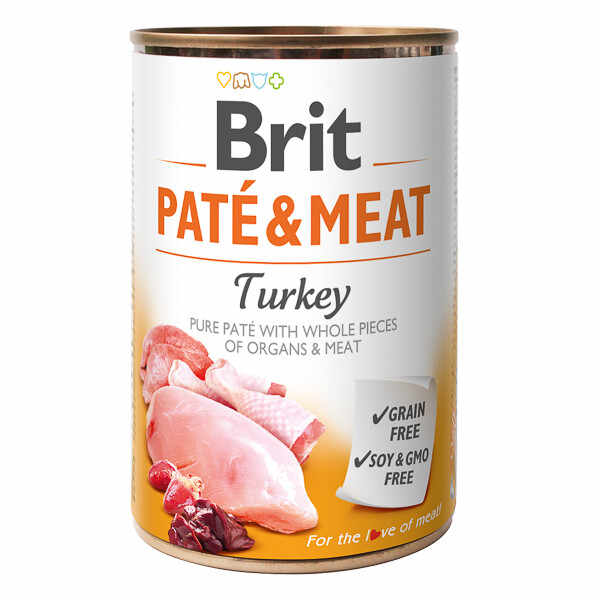 Brit Pate & Meat, Curcan, Conservă hrană umedă fară cereale câini, (pate cu bucăți de carne), 400g