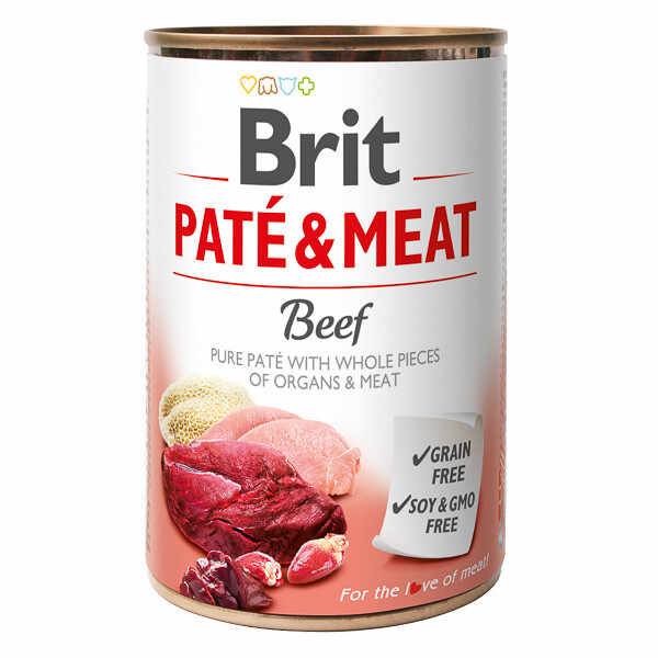 Brit Pate & Meat, Vită, Conservă hrană umedă fară cereale câini, (pate cu bucăți de carne), 400g