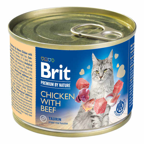 Brit Premium By Nature, Pui și Vită, Conservă hrană umedă fără cereale pisici, (pate), 200g