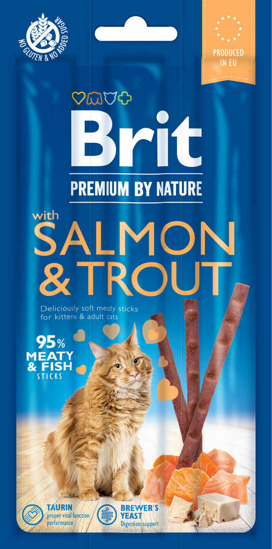Brit Premium By Nature, recompense fară cereale pisici, batoane, Somon și Păstrăv, 3buc