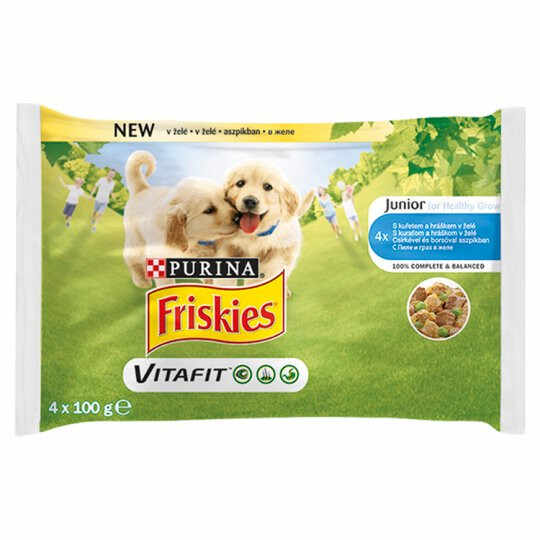 hrană umedă Friskies Dog, Junior, in Aspic, cu Pui, 4 x 100g