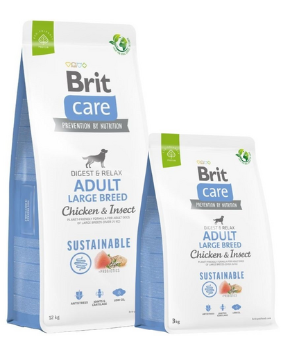 BRIT Care Dog Sustainable Adult Large Breed Chicken & Insect 12 kg + 3 kg Hrana caini talie mare, pui si insecte