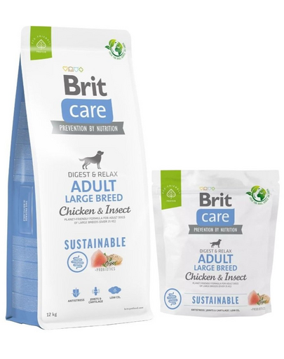 BRIT Care Dog Sustainable Adult Large Breed Chicken & Insect hrana caini talie mare, pui si insecte 12+2 kg + 1 kg GRATIS