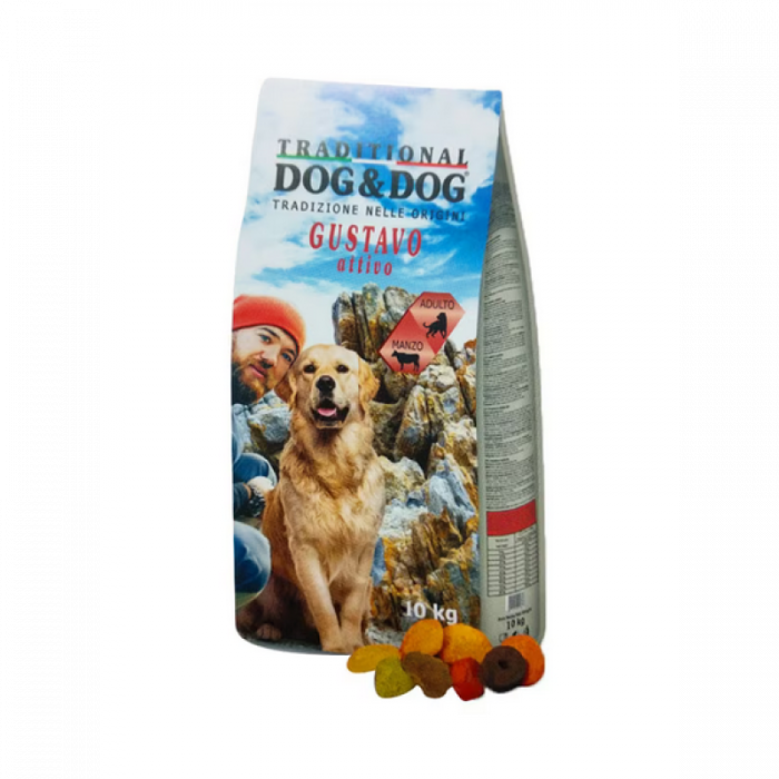 Hrana uscata pentru caini DogDog Traditional pentru caini activi cu vita, 10 kg
